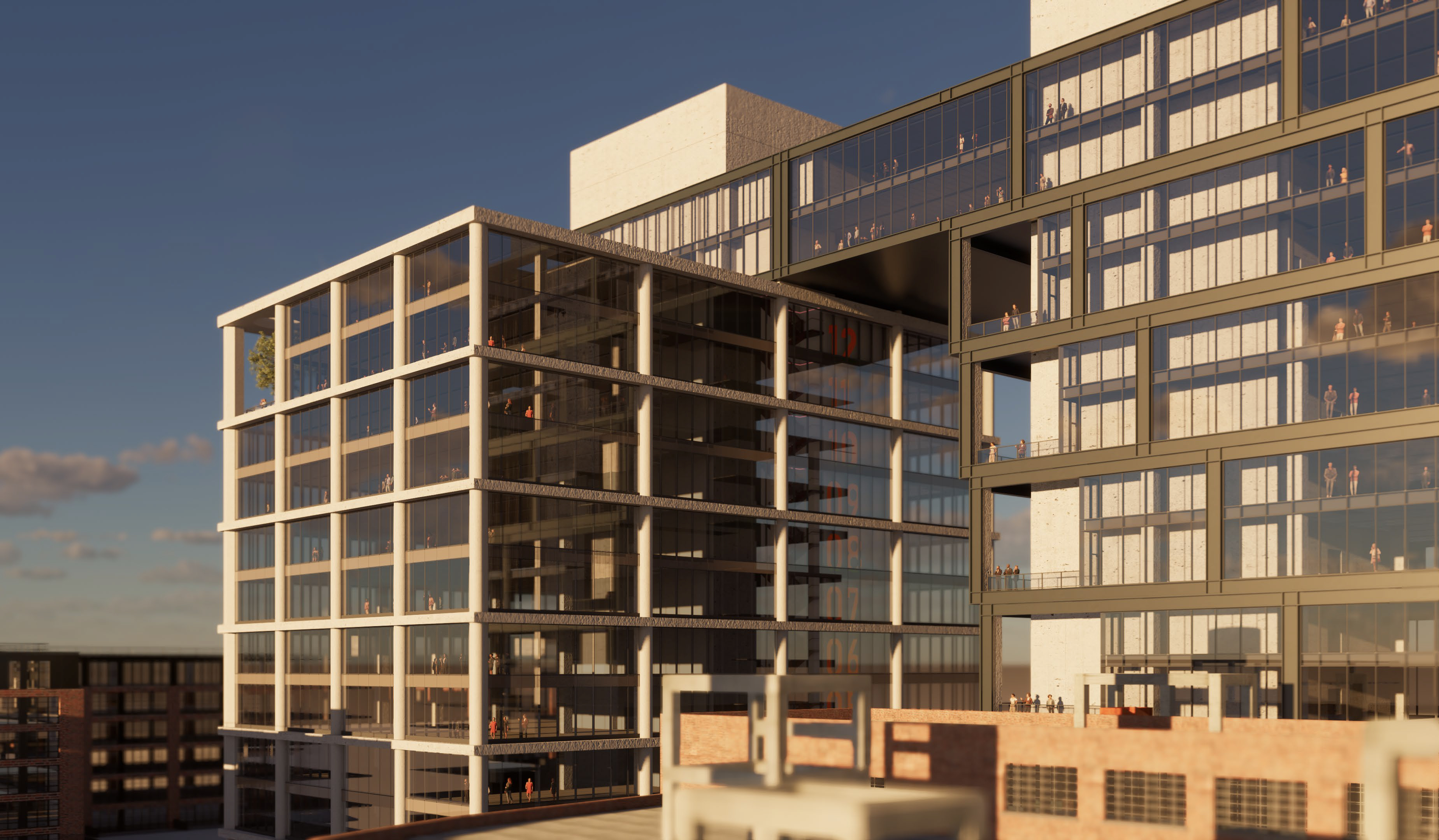 Block 3 skybridge view at dusk